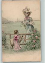 Biedermeiermode - Frau und Kind mit einem Schaf 1906 AK Schaf Künstlerkarte