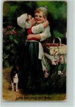 sign Hans W. Schmidt - Kinderpoesie - Spitzenhaube 1918 AK Kirschen im Korb Katze