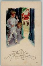 Merry Christmas, Santa Claus, Kinder lauschen am Vorhang, gute Erhaltung AK Weihnachtsmann