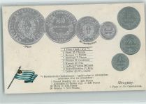 Münzenkarte und Nationalflagge, Uruguay , gute Erhaltung AK Münze auf AK Prägedruck