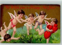 New Year - Engel spielen mit Herzen AK Amor 1907 Prägedruck