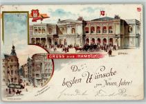W2000 Hamburg Börse Neuerwall mit Stadthaus Straßenbahn Städteglückwünsche Börse 1898 Lithographie