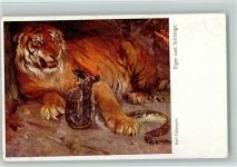 Tiger und Schlange - sign Karl Fahringer - Wiener Künstler Karte Nr. 1071 AK Raubkatze