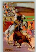 Nr. 9 - Una vara recargando, signiert Stierkampf Künstlerkarte