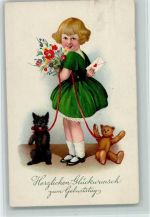 Geburtstag - Gratulantin mit Hund und Teddy AK Teddy 1931 Gebrauchsspuren