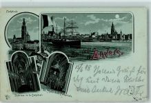 Antwerpen Anvers 1898 Lithographie / Mondschein Kathedrale Hafen
