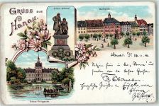 63450 W6450 Hanau 1902 Lithographie Grimm Denkmal Marktplatz Schloss Philippsruhe Schwan Blumen Laternen