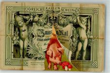 Reichskassenschein Neujahr Schwein Pilz Geldschein auf AK 1908