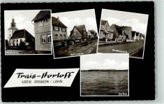 35410 W6303 Trais-Horloff Foto AK Kirche Schule Straße Dorfsee