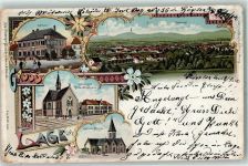 32791 W4937 Lage , Lippe 1900 Gebrauchsspuren Rathaus Lutherische Kirche und Bürgerschule Reform. Kirche Lithographie