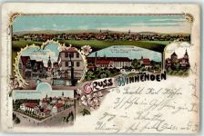 71364 W7057 Winnenden , Württ 1901 Lithographie Marktbrunnen u. Hauptstraße Kgl. Heil.- u. Pflegeanstalt mit Schlosskirche Diebsturm Torturm Paulinenpflege