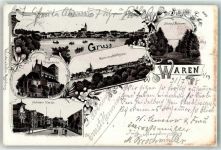17192 O2060 Waren Gebrauchsspuren Georgenkirche Güstrower Straße Ruderboot Blumen Lithographie