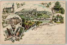 09456 O9300 Annaberg-Buchholz 1896 Karte beschädigt Hauptkirche Stadt-Theater Barbara Ottmann-Denkmal Luther-Denkmal Adam-Ries-Denkmal Linde a. d. Friedhof Lithographie