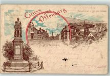 77652 W7600 Offenburg 1897 Lithographie Bahnpost Offenburg Zug 37 13.8.97 Pensionat u. Langestraße Drakedenkmal