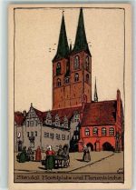 39576 O3500 Stendal Künstlersteindruck Marktplatz Marienkirche