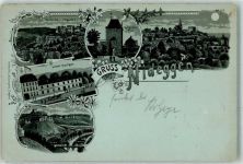 52385 W5168 Nideggen 1898 Lithographie / Mondschein Hotel Heiliger Ruine mit Hotelgarten
