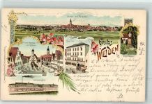 92637 W8480 Weiden , Oberpf 1897 Gebrauchsspuren Hotel Post Unterer Marktplatz Rathaus Schlör-Denkmal Lithographie