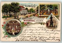 06295 O4250 Lutherstadt Eisleben 1903 Gebrauchsspuren Etablissement Wiesenhaus Garten-Restaurant Bühnensaal Luther-Denkmal Lithographie