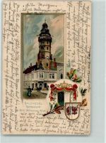 29410 O3560 Salzwedel , Hansestadt 1902 Lithographie / Prägedruck Rathausturm Hotel Schwarzer Adler Wappen