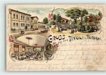04860 O7290 Torgau Gebrauchsspuren Etablissement Tivoli Garten Saal Lithographie