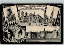 W4400 Münster , Westf Kaiserparade 1907 Kaiser Wilhelm II. und Gemahlin Rathaus Dom Lambertikirche Kgl. Schloß Adel Kaiser Wilhelm II 1907 Lithographie