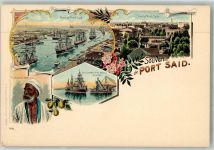 Port Said Lithographie Hafen Tracht