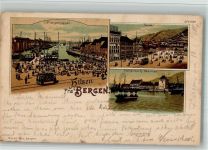 Bergen 1900 BOAKC Hafen Straßenbahn Marktplatz Valkendorf Lithographie