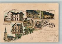 67590 W6529 Monsheim , Rheinhess 1897 BOAKC Lithographie Bahnhof Das neue Schloss Ev. Kirche Kais. Postamt Mennoniten-Kirche