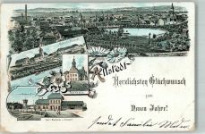 06542 O4702 Allstedt Gebrauchsspuren Lithographie Bahnhof Schloss Allstedt Rathaus Neujahreskarte