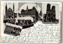 51100 Reims 1900 Lithographie Eglise Saint Remy Hotel de Ville la Cathedrale Port des Romains Statue de Louis XI: