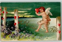 Engel mit Herzen Bonne Fete AK Amor 1905 Lithographie / Prägedruck