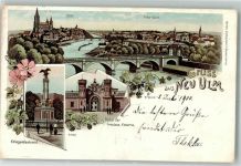 89231 W7910 Neu-Ulm 1900 Lithographie Kriegerdenkmal Portal der Friedens-Kaserne