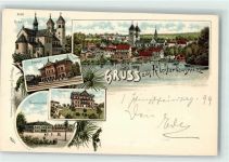 07639 O6532 Bad Klosterlausnitz 1899 Gebrauchsspuren Hotel Friedrichs Hof Bahnhof Klosterkirche Lithographie beschnitten