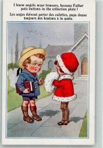 Zwei englische Kinder auf dem Kirchgang Humor Florence House Comique Serie no. 4089 Muff Künstlerkarte