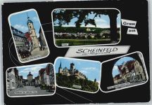 91443 W8533 Scheinfeld - Pfarrkirche, Rathaus, Pferdekutsche, Tor, Schloss