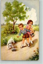 Serie 54643-1 Kinder mit Hund sehen einen Igel ca 1958 AK Igel