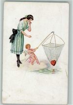 Engel fischt ein Herz aus dem Wasser AK Amor