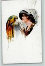 sign C. Barber - Künstlerkarte Papagei 1917 Gebrauchsspuren
