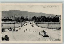 Zürich Quaibrücke Tram Pferdewagen Pferdekutschen Brücke 1917
