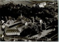 57319 W5920 Bad Berleburg Gebrauchsspuren Rückseite mit Abschürfungen und Kleberesten Fliegeraufnahme Schloss und Naturheilklinik Odeborn Foto-AK