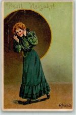 sign. Mailick Lithographie Künstlerkarte Neujahr AK Telefon 1902 Gebrauchsspuren