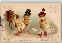 Küken vermenschlicht Ostern Telefon 1901 Lithographie / Künstlerkarte
