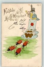 ziehen Schalen mit Brief Geldmünzen und Vogel mit Posthorn Fröhliche Pfingsten! Tiere vermenschlicht Jugendstil Maikäfer 1901 Prägedruck