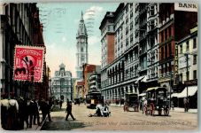 Philadelphia 1908 Foto AK Straßenbahn Geschäft Market Street Breifmarke Bildseite