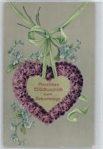 Geburtstag - Herz aus Veilchen - 1909 Litho AK Vergissmeinnicht Prägedruck