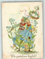Nr. 798 - sign Anna Marie Schwarz-Torino - Kunstverlag Michel - Kinder tanzen in den Blumen mit einem Erntedankfest Kranz AK Vergissmeinnicht Blütenbild 1942 Künstlerkarte