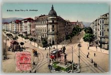 Bilbao 1913 Foto AK Denkmal Straßenbahn Gran Via y H.Amézaga Marke bildseitig