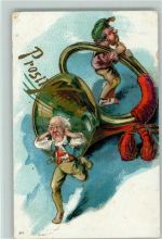 Neujahr - Das Posthorn wird geblasen 1909 AK Zwerg Prägedruck
