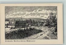 Ziehende Wolken überm Mühlental sign Volkmann -Federzeichnung - Wassermühle Künstler