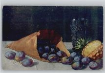 Pflaumen - Ananas - Früchte - Weinglas Stillleben Künstlerkarte